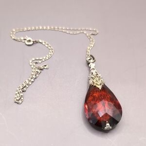 Vintage Amber Glass Marcasite Teardrop Pendant Necklace w/ Sterling Silver Chain
